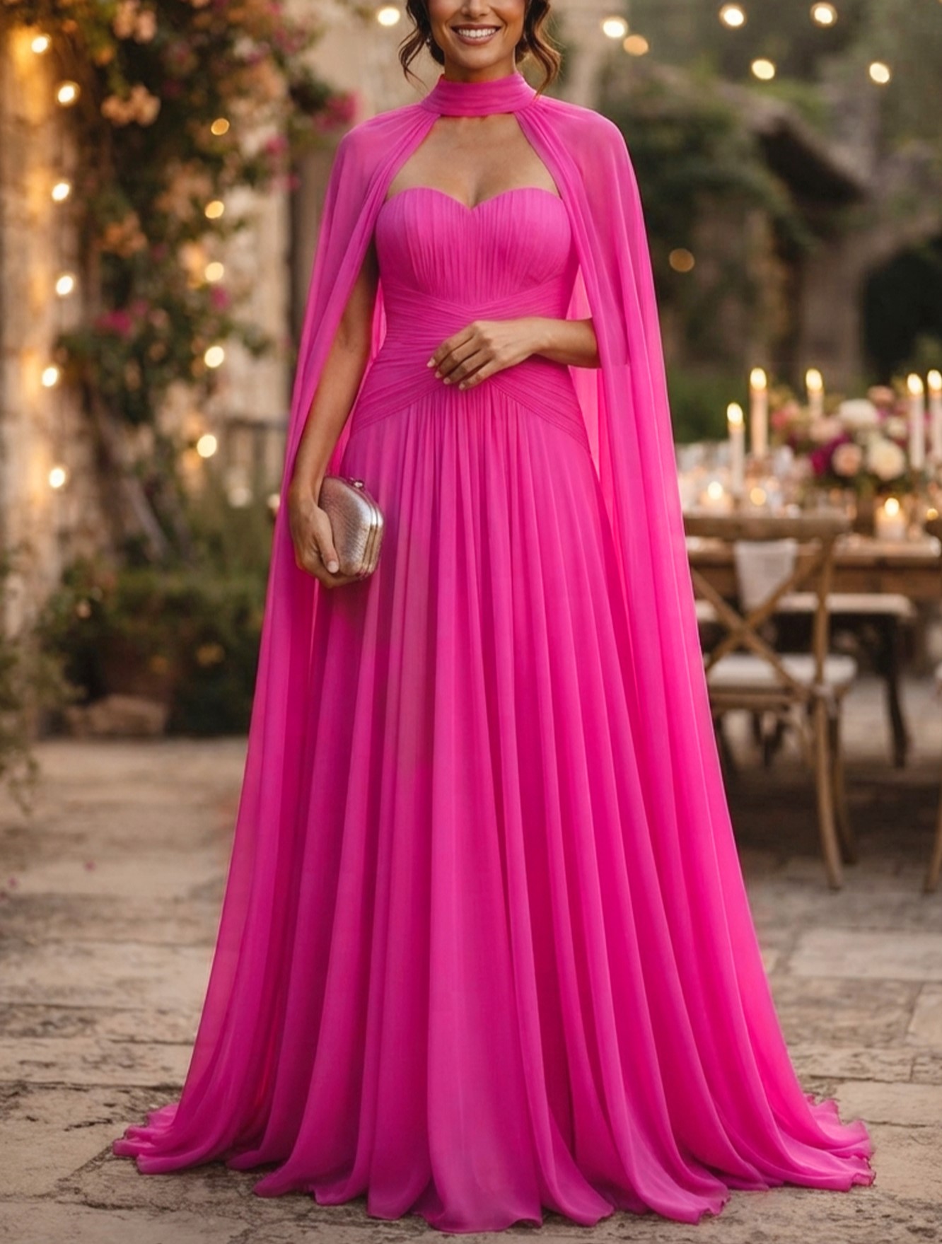 hot pink chiffon maxi dress Sweetheart Cape Sleeve – vulldy zara pink maxi dress