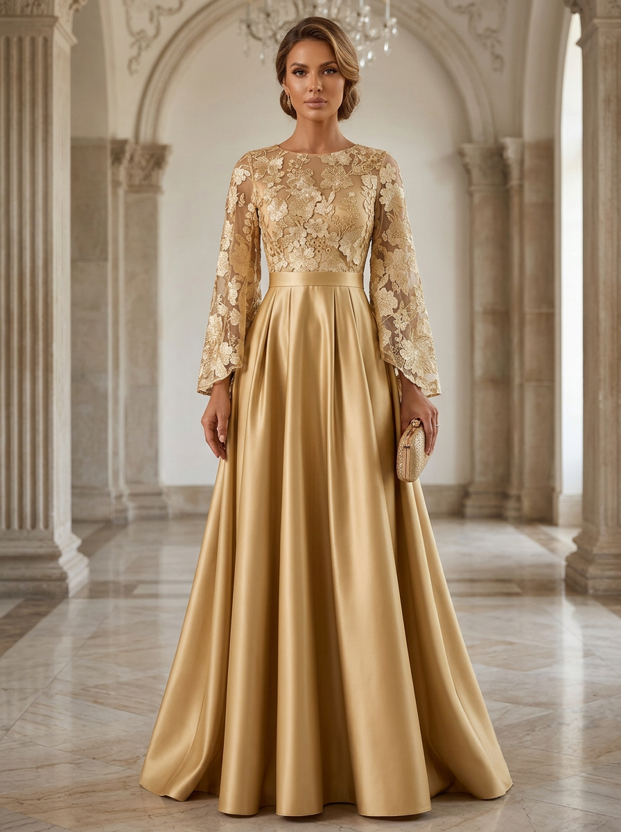 Satin A-Line Scoop Neck with Lace Appliques Bodice & Pleats Maxi Dress