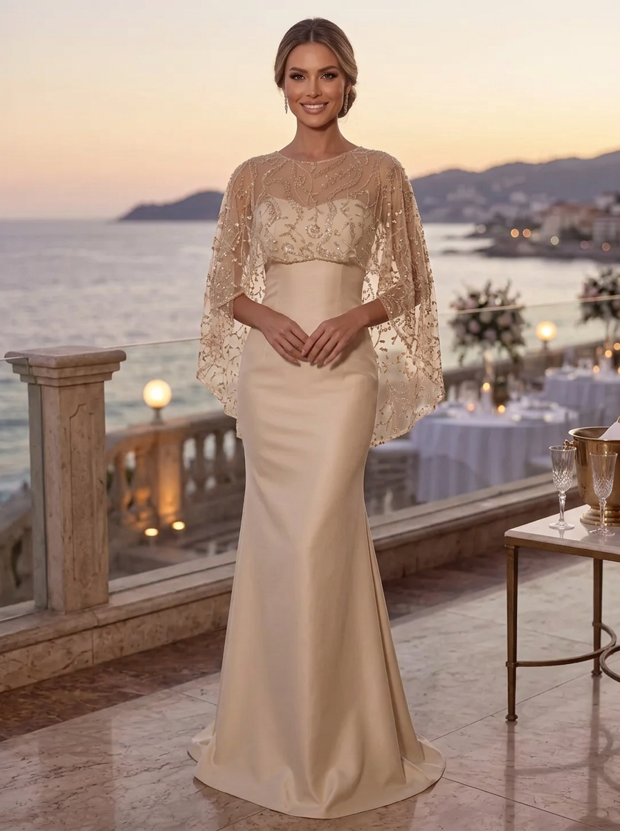 Champagne Round Neck Sequin Cape Mermaid Floor-Length Maxi Dress