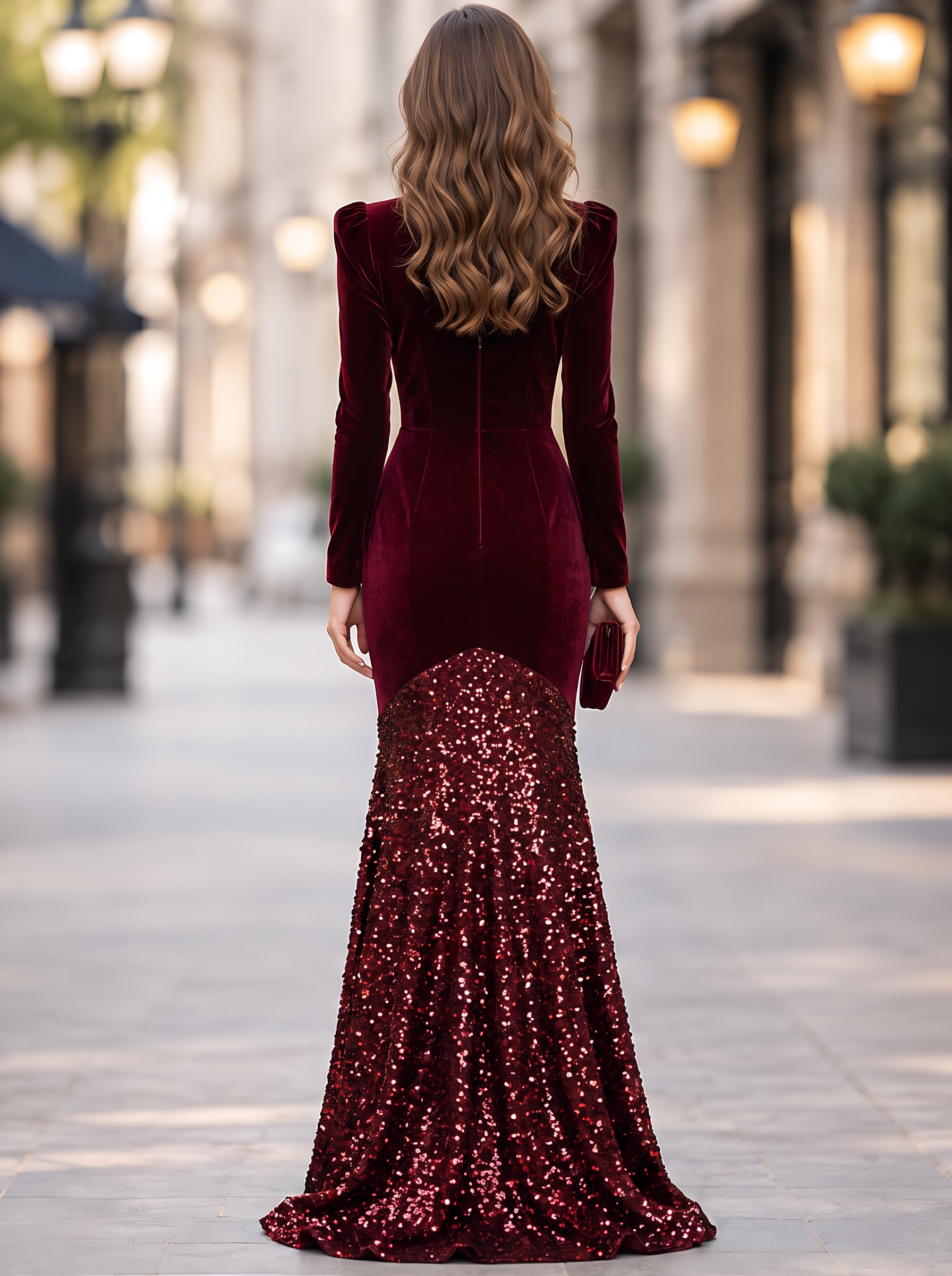Burgundy Velvet High Neck Ruffle Sequin Mermaid Maxi Dress