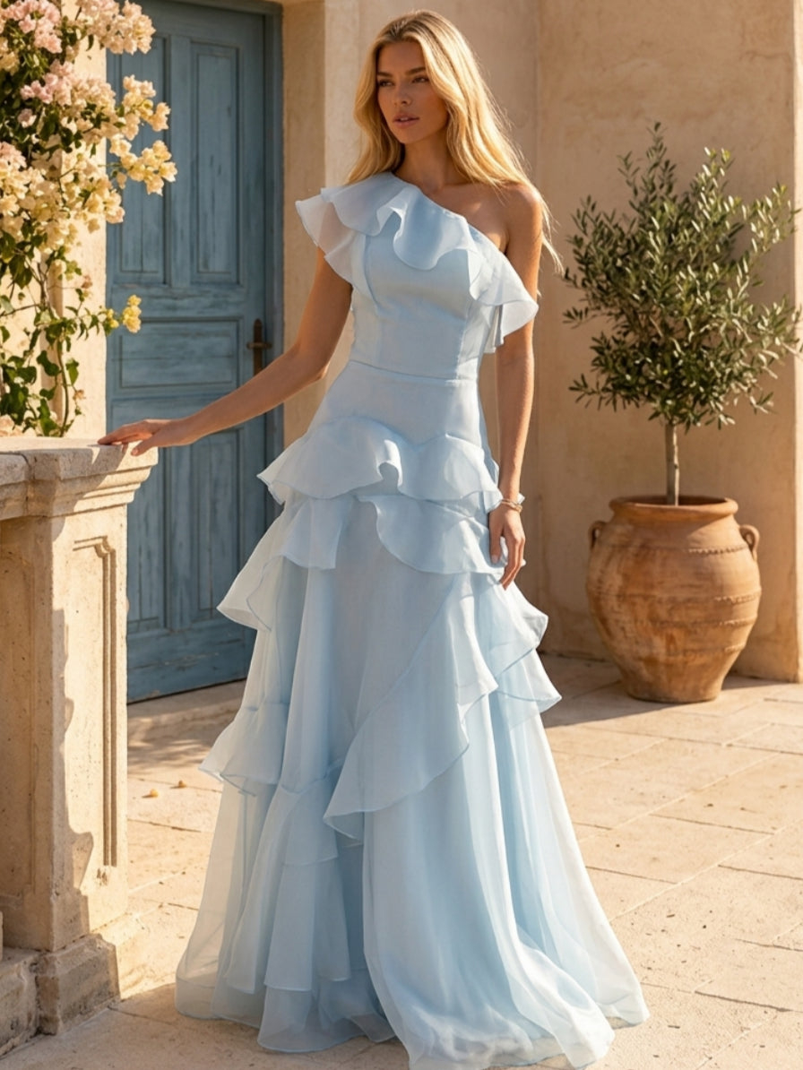 Dusty Pink Organza One-Shoulder Tiered Ruffle A-Line Gown