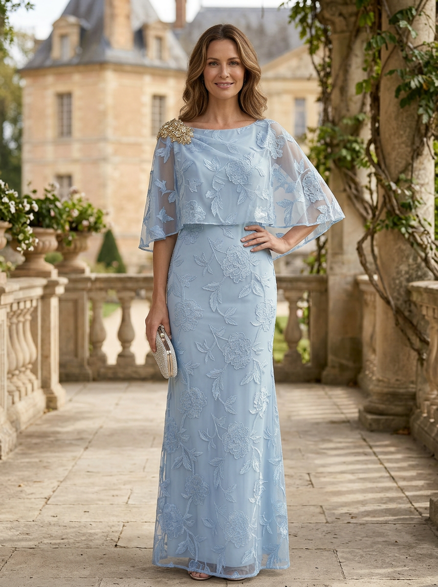 Light Blue Lace Blend Capelet Sleeve Maxi Dress