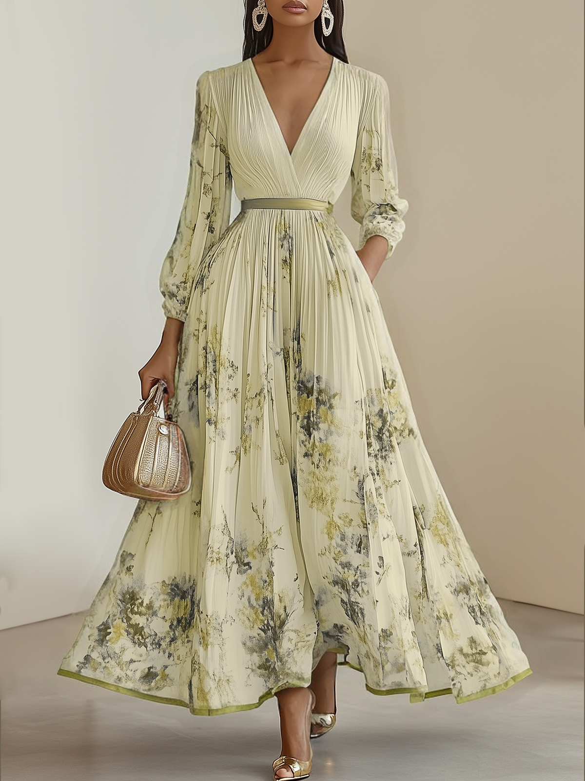 White Pleated Chiffon V Neck Floral Long Sleeve Balloon Sleeve A-Line Maxi Dress