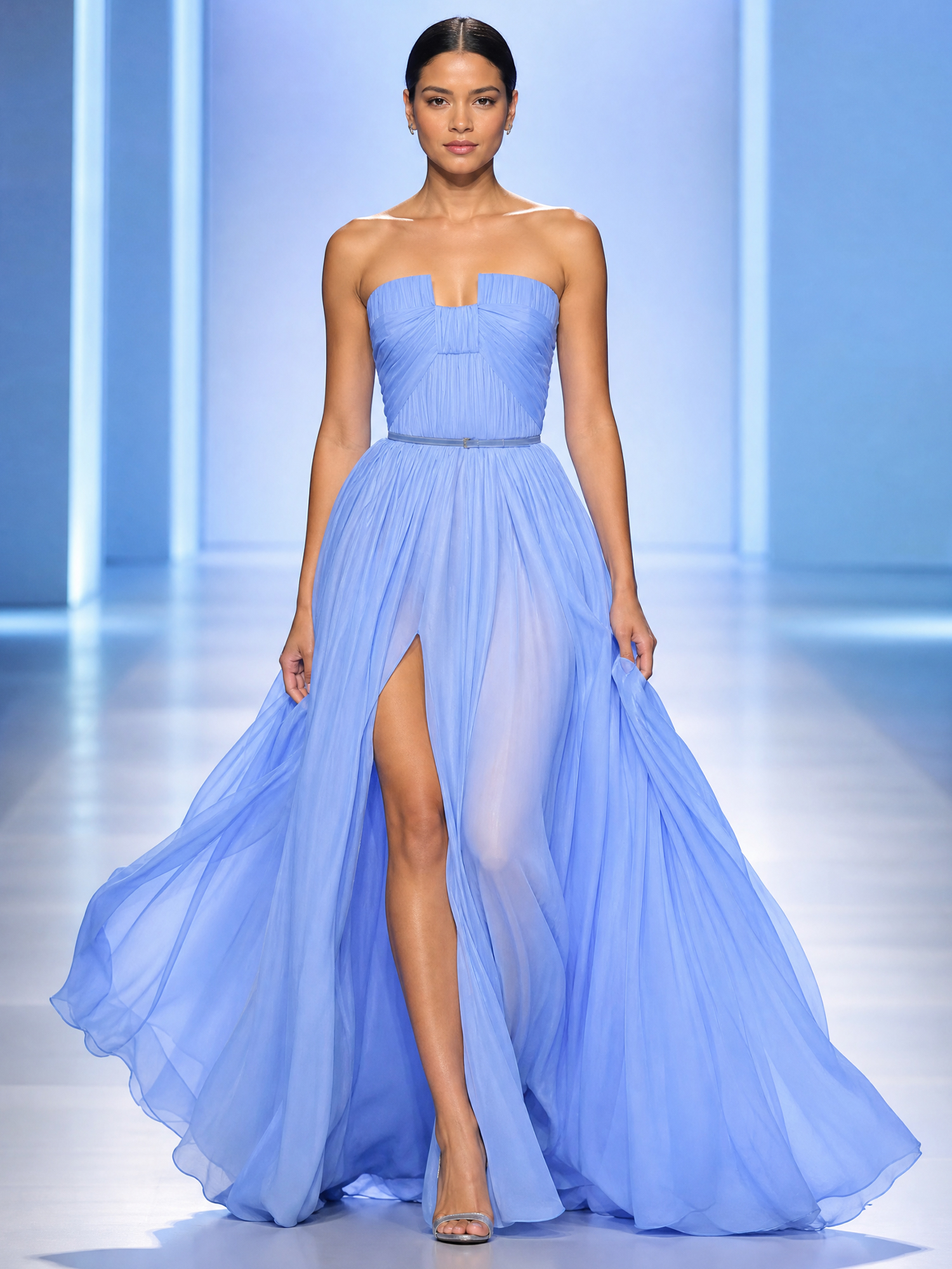 Light Blue Strapless High Slit Chiffon Maxi Dress
