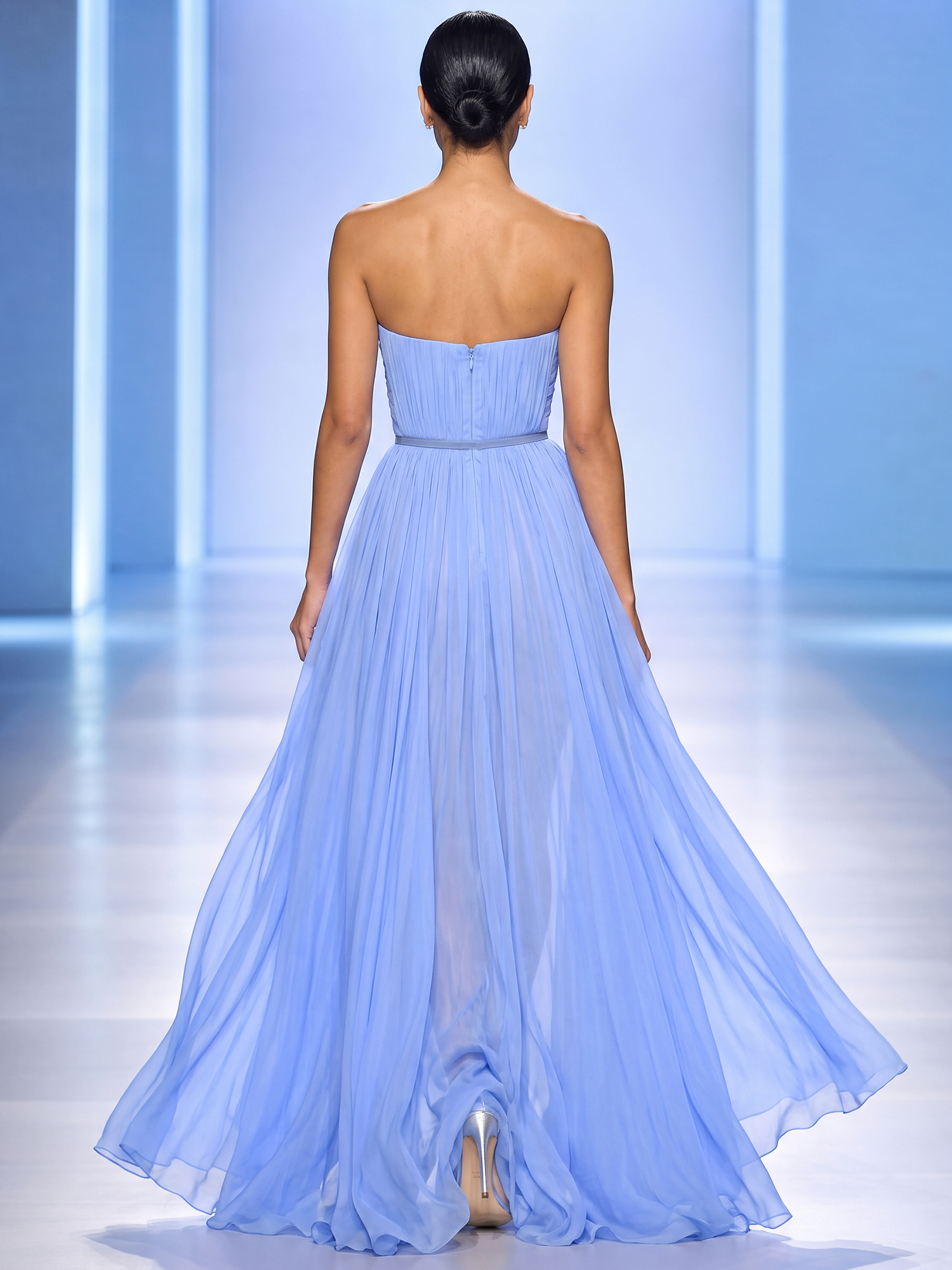 Light Blue Strapless High Slit Chiffon Maxi Dress