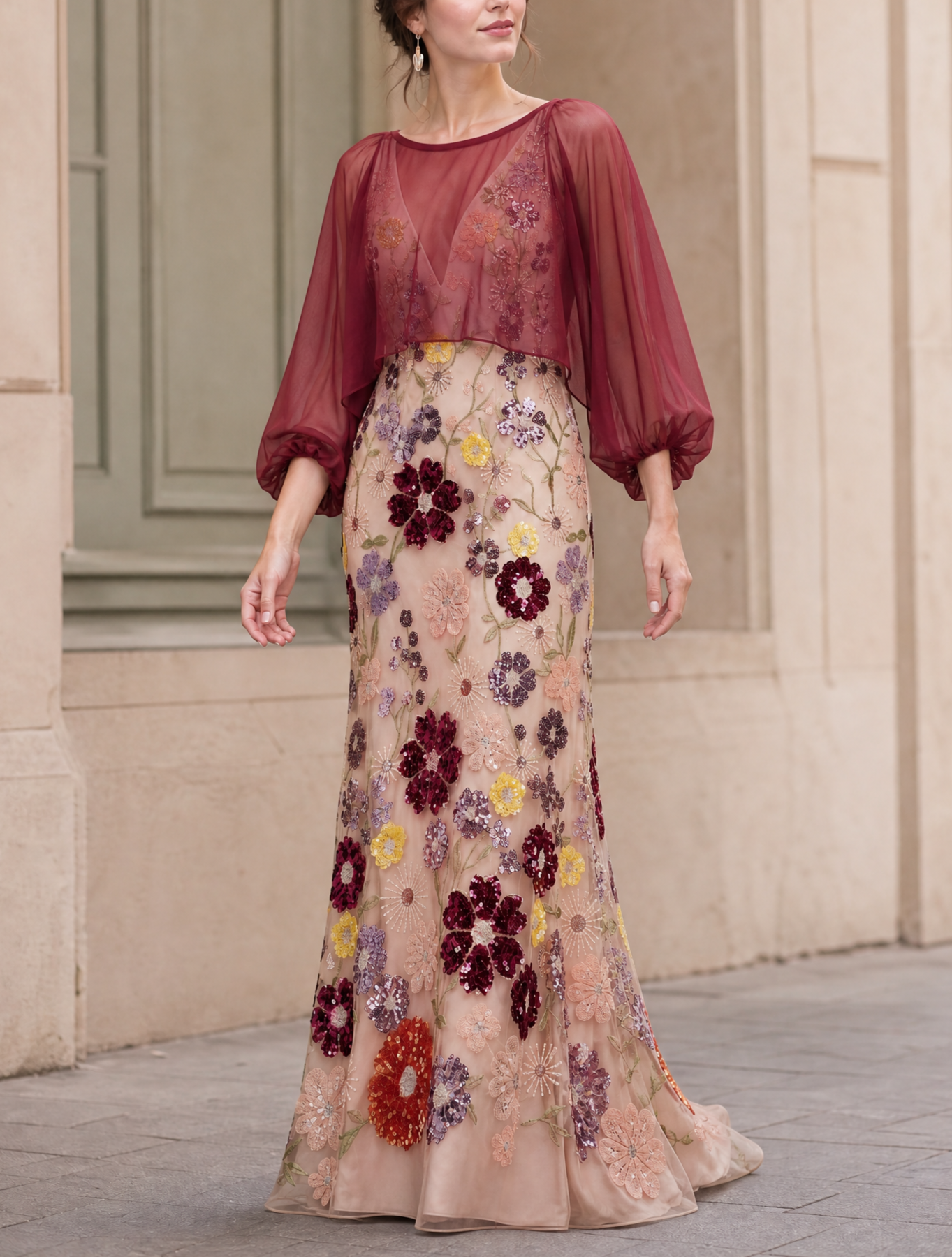 Burgundy Multi-Color Floral Sequin Lace Long Sleeve Floor-Length Gown Dress