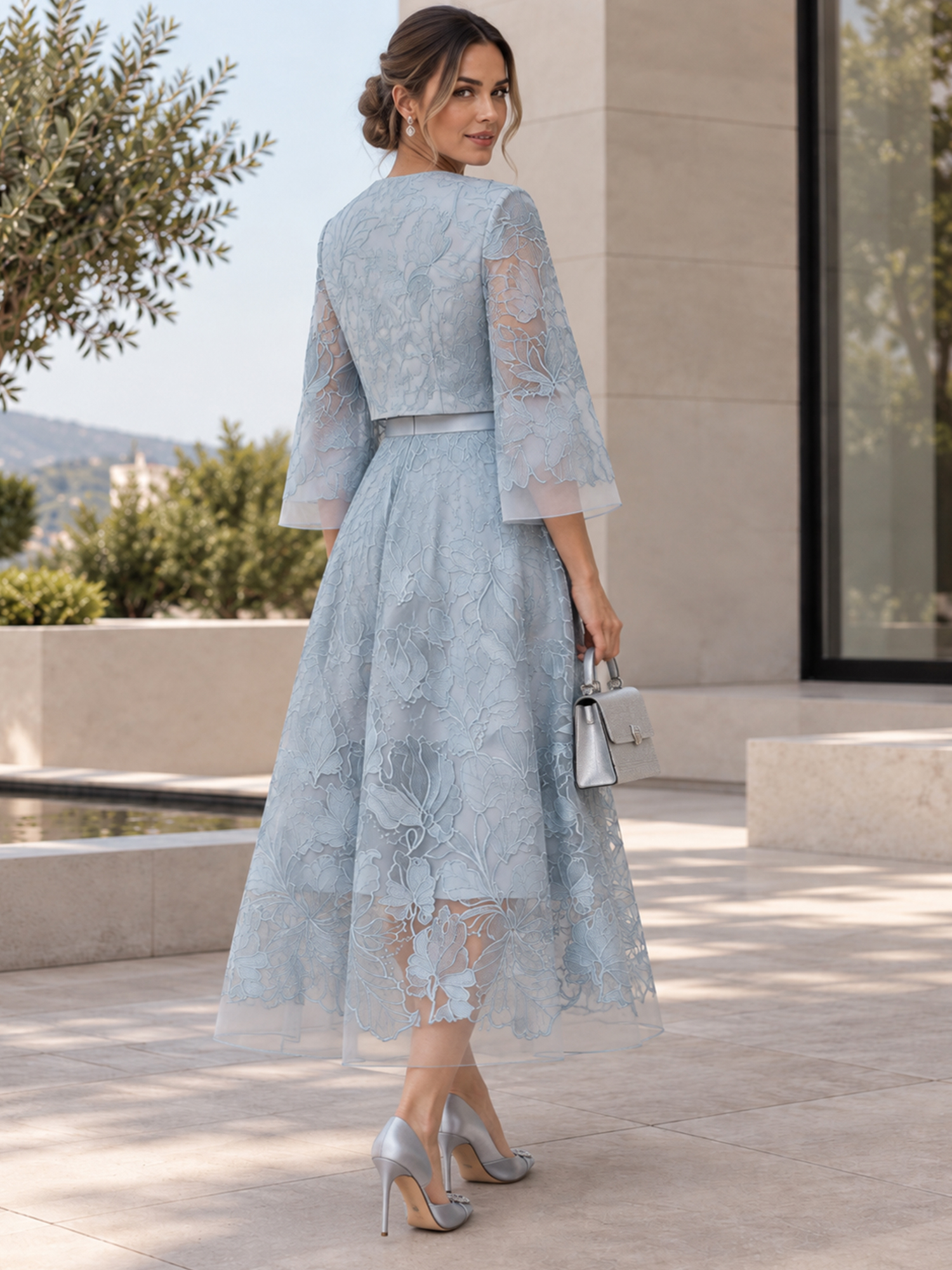 Dusty Blue Round Neck 3/4 Flared Sleeve Floral Embroidered Two-Piece A-Line Midi Dress