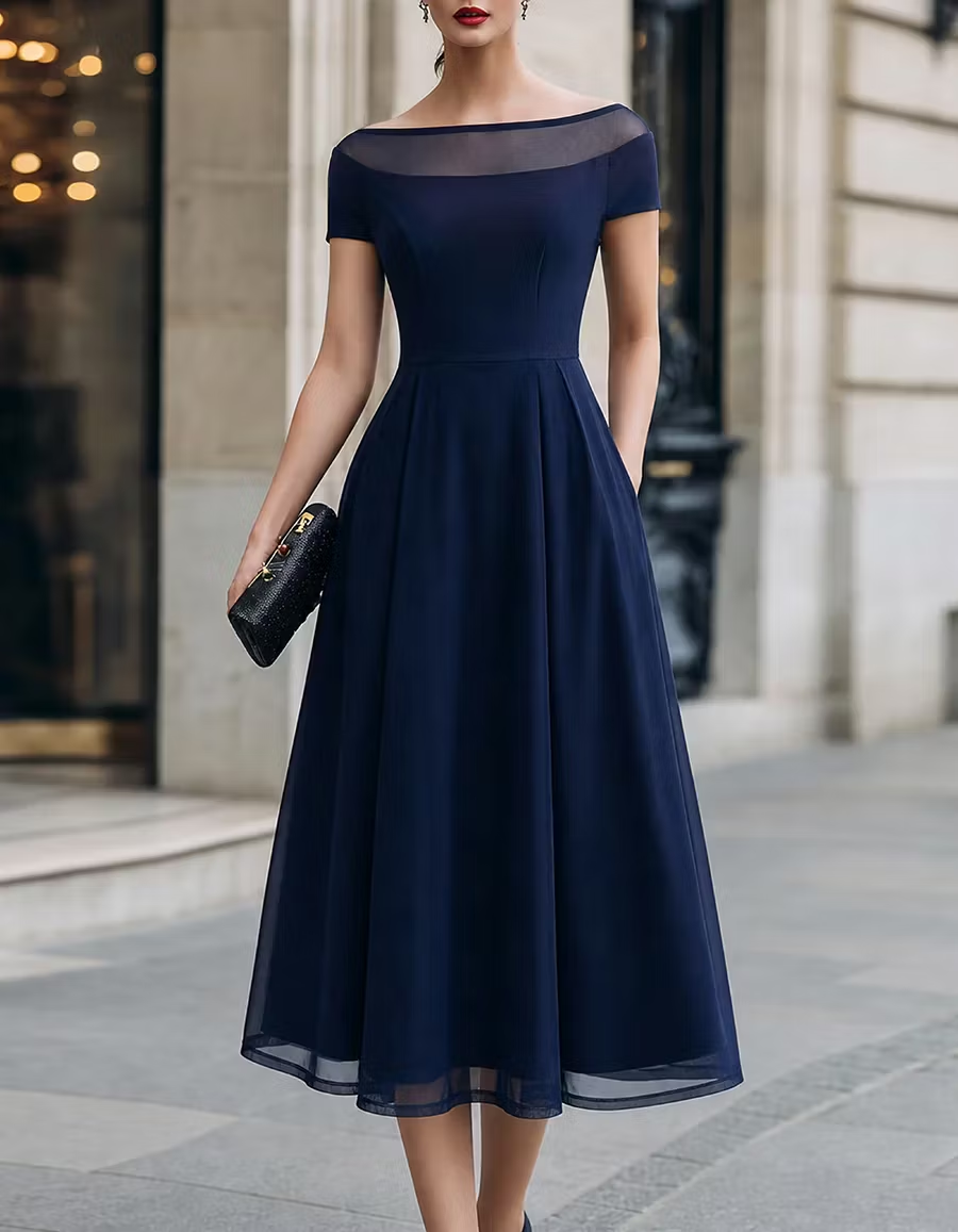 Illusion Boat‑Neck Crepe Tulle A‑Line Formal Midi Dress