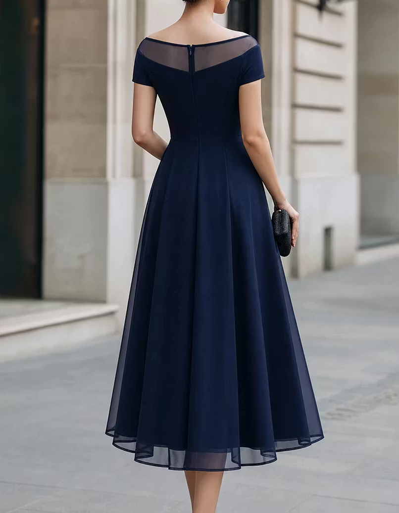 Illusion Boat‑Neck Crepe Tulle A‑Line Formal Midi Dress