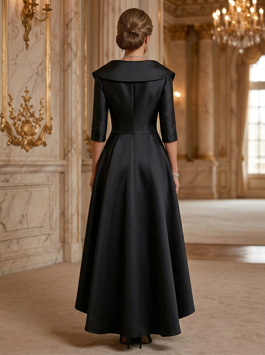 Black Satin V Neck 3/4 Sleeve Lapel High Low Maxi Dress