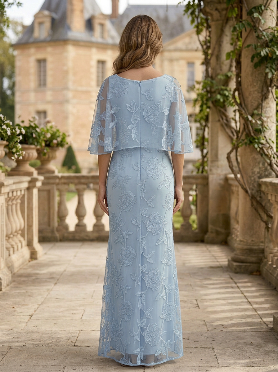 Light Blue Lace Blend Capelet Sleeve Maxi Dress