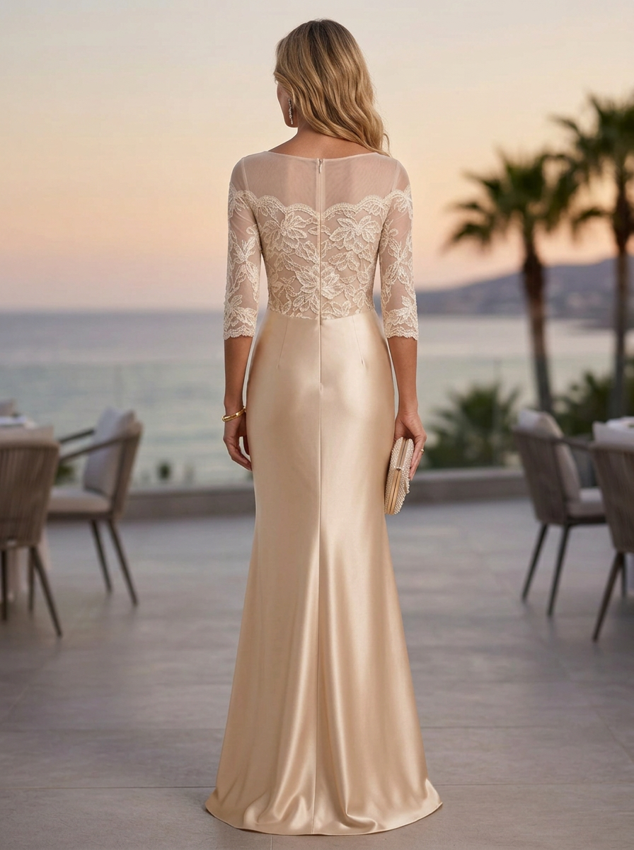 Champagne Illusion Neck Three Quarter Sleeve Lace Satin Mermaid Maxi Dress