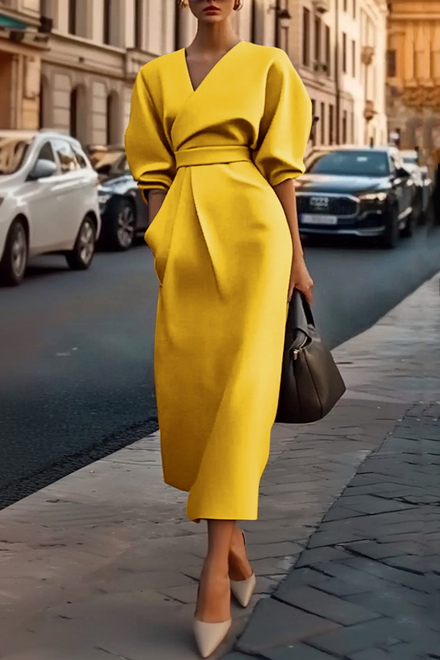 Work Dress Khaki V Neck Puff Sleeve with Pocket Midi Dress