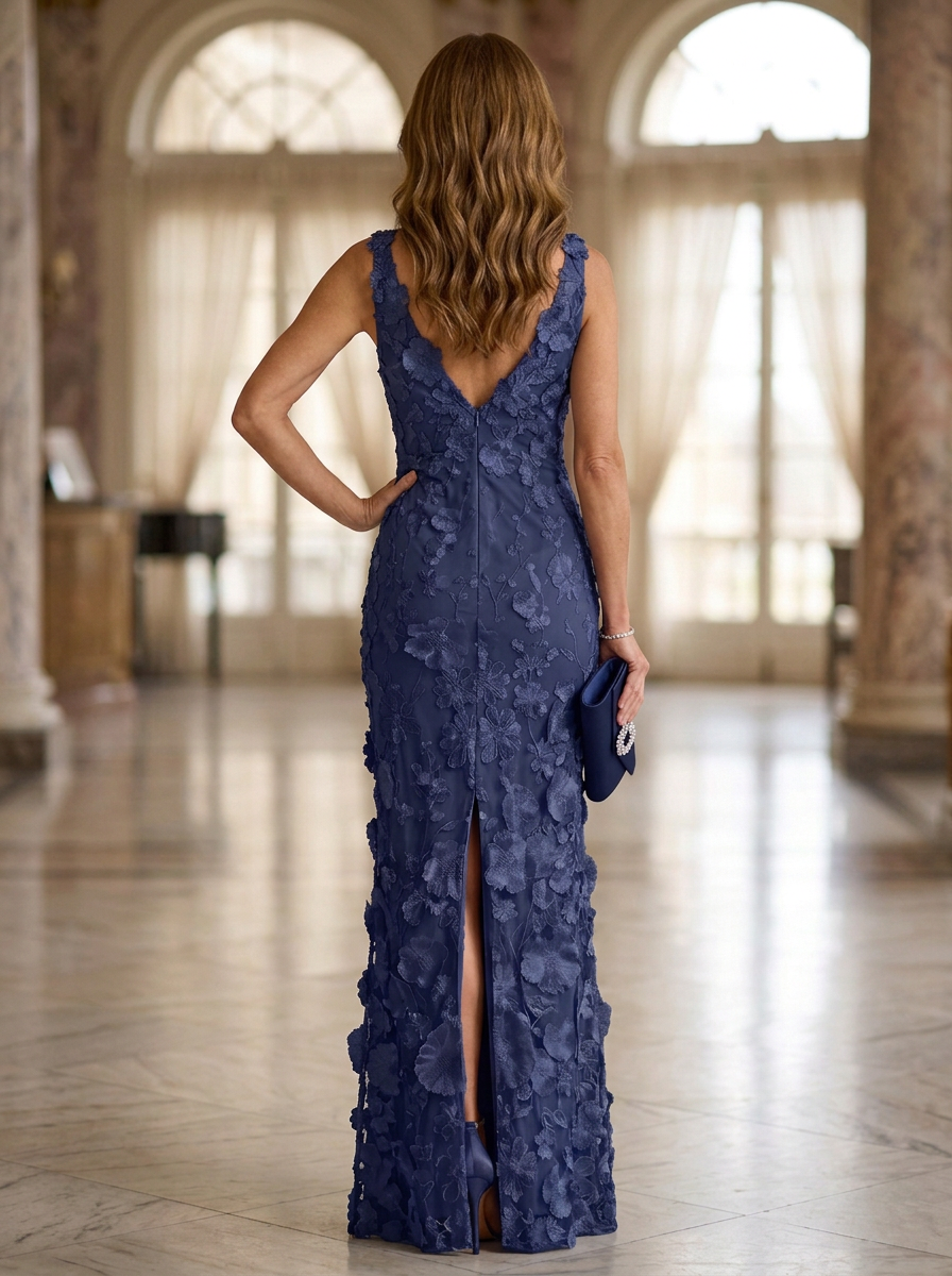 Navy Blue Chiffon Lace Embroidered Halter Fishtail Maxi Dress