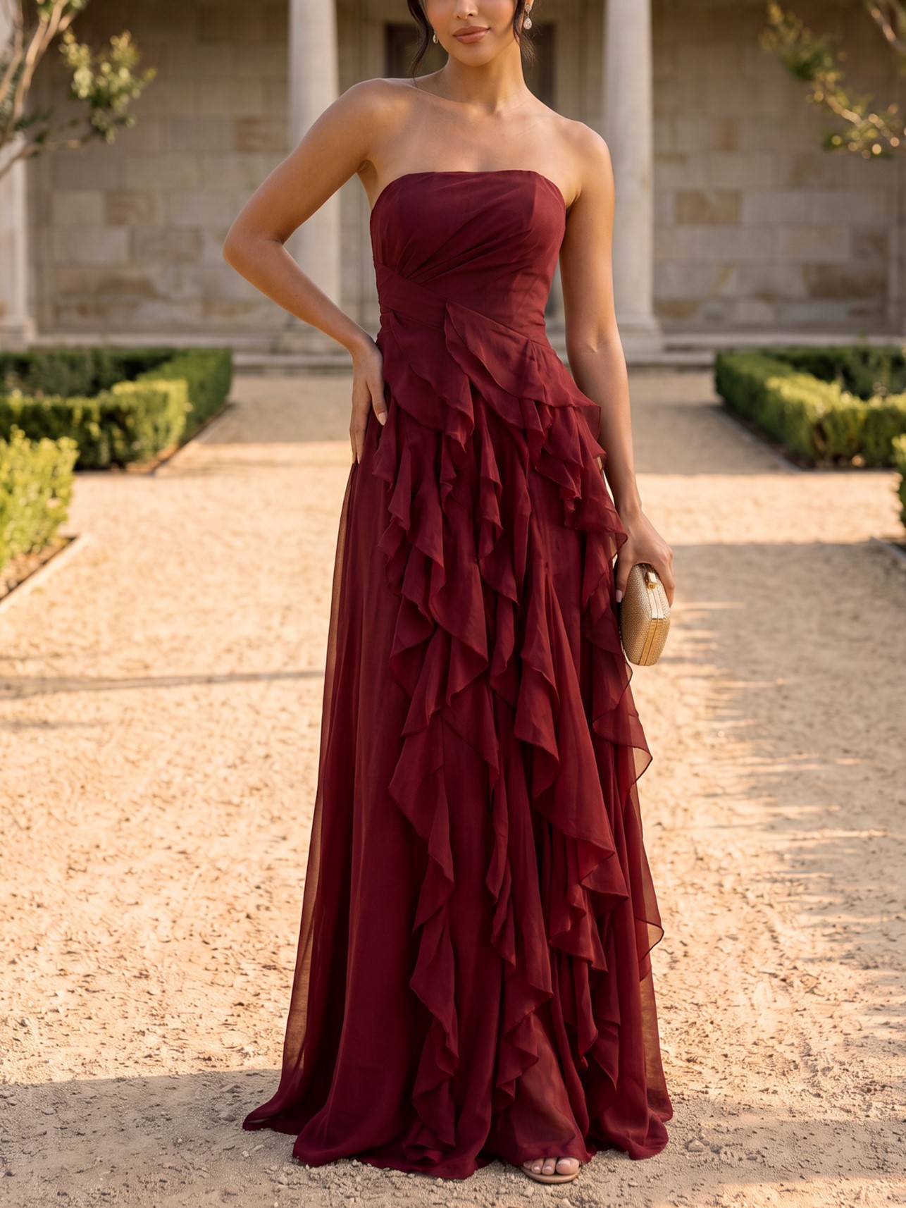 chiffon burgundy maxi dress Strapless Draped Cascading Ruffle – vulldy Alex Evenings Long V SAPG::169 The versatile design works Color:BGY