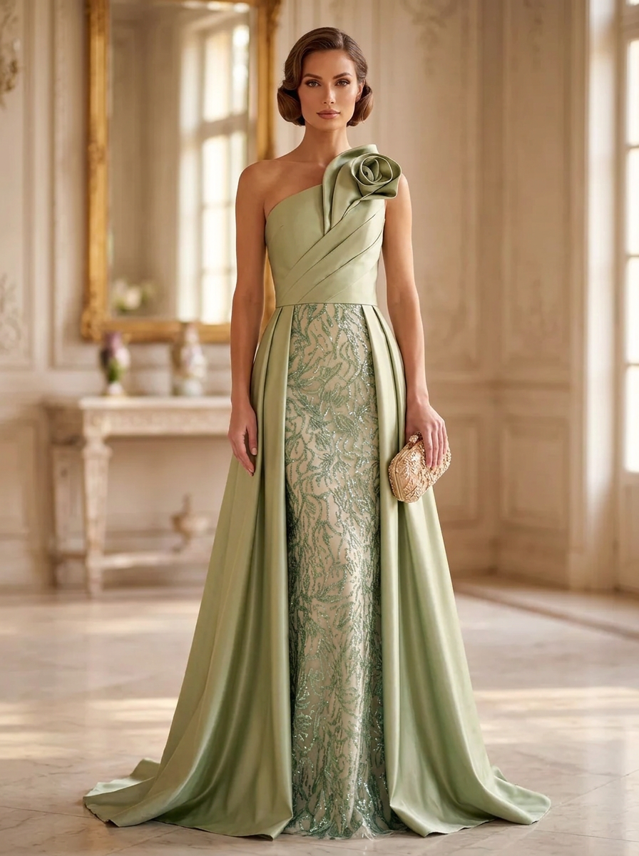 Sheath Beaded Embroidery With Overskirt Zipper 3D Flower Maxi Dress