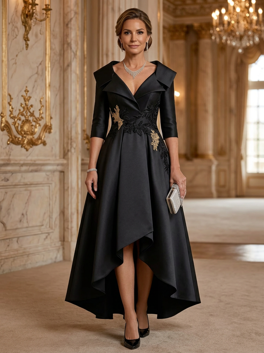Black Satin V Neck 3/4 Sleeve Lapel High Low Maxi Dress