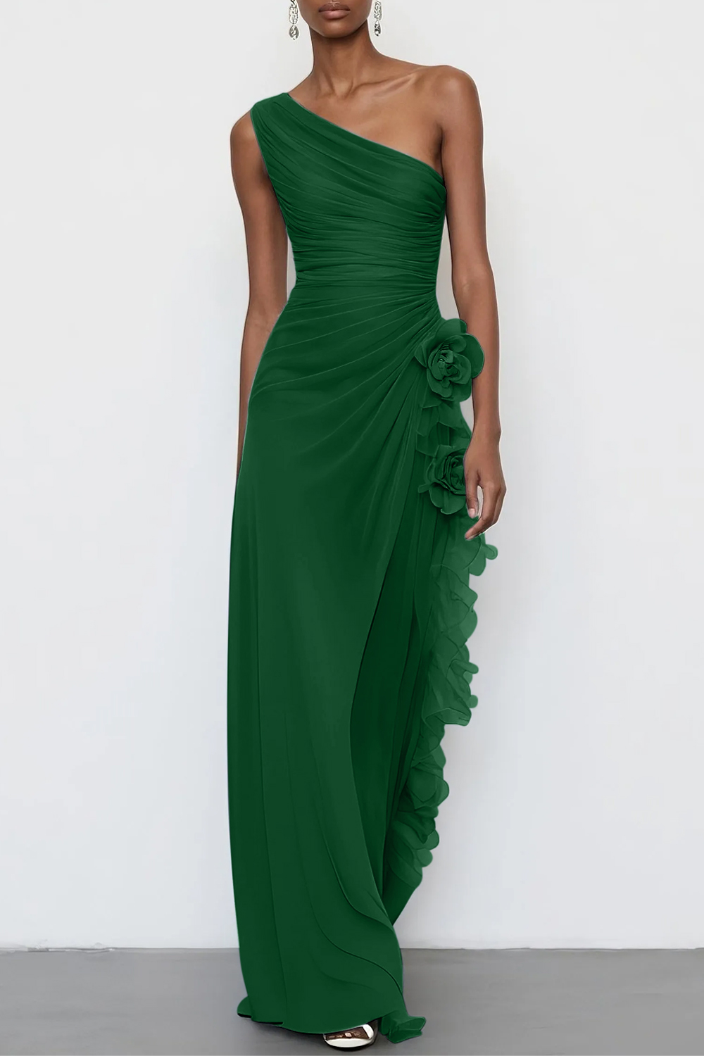 Light Blue 3D Floral Chiffon One Shoulder Sleeveless Sheath Maxi Dress