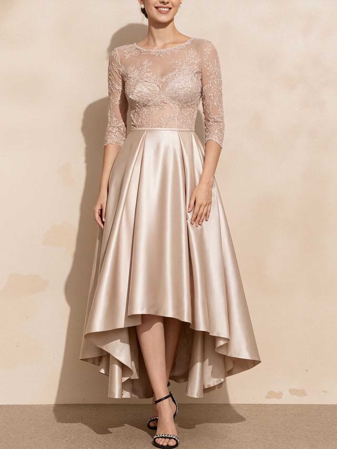Solid Color Lace Three Quarter Sleeve High And Low Hem Satin Maxi Dress