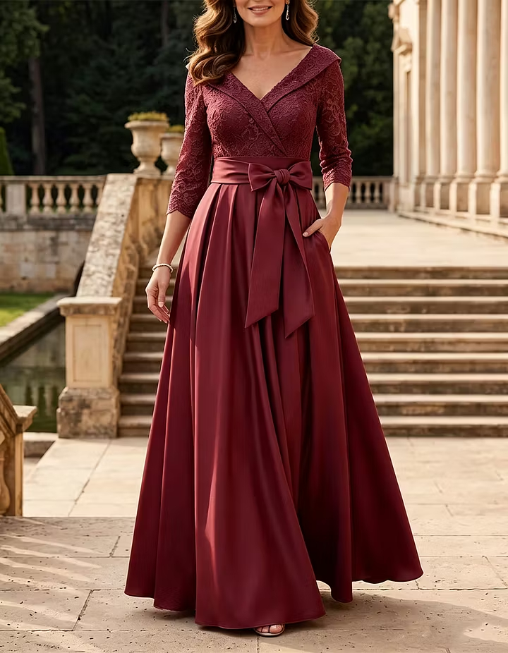 Dusty Rose V-Neck 3/4 Sleeve Lace Bodice Sash Bow A-Line Maxi Dress