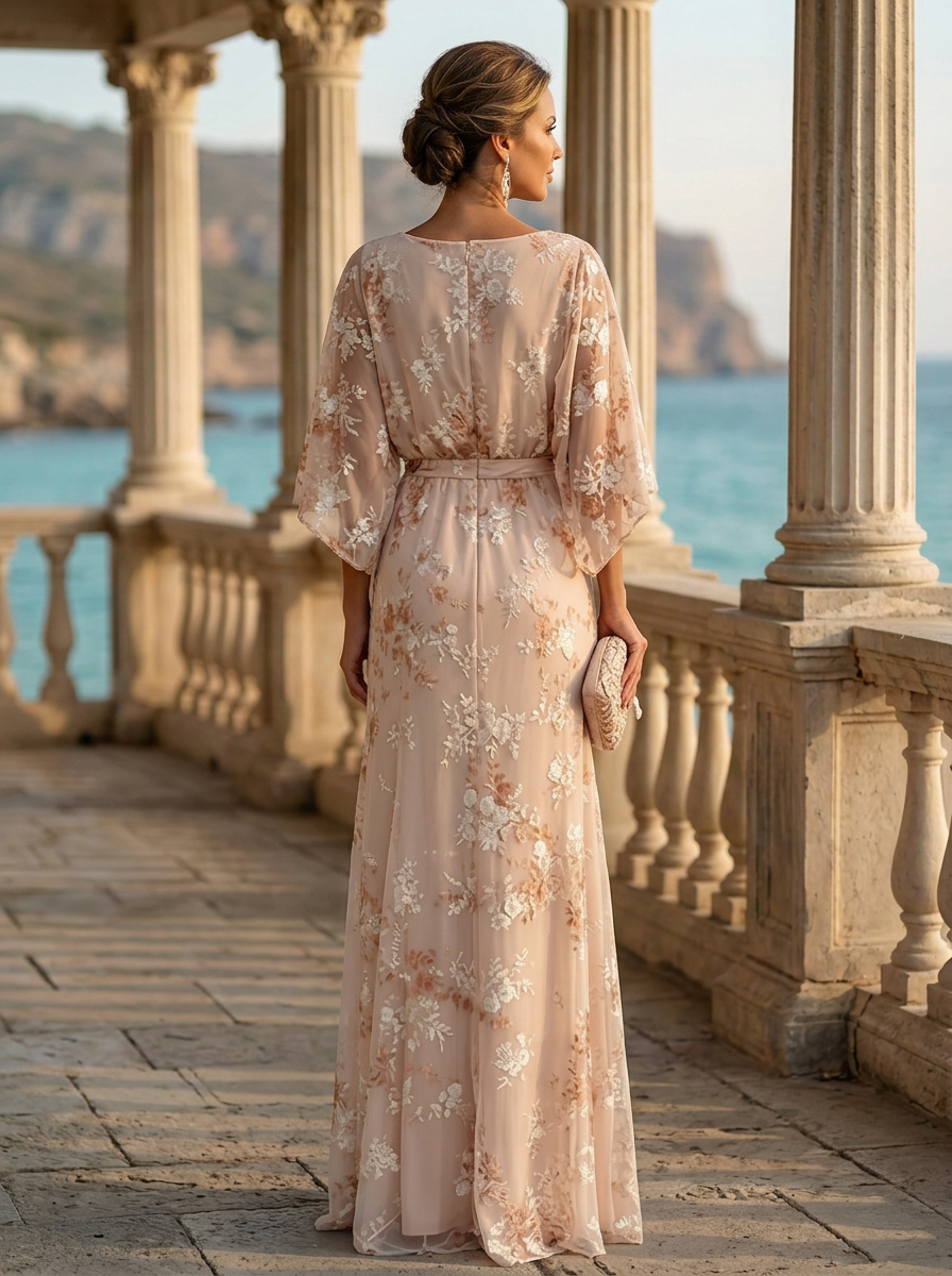 Blush Floral Embroidery Chiffon Maxi Dress