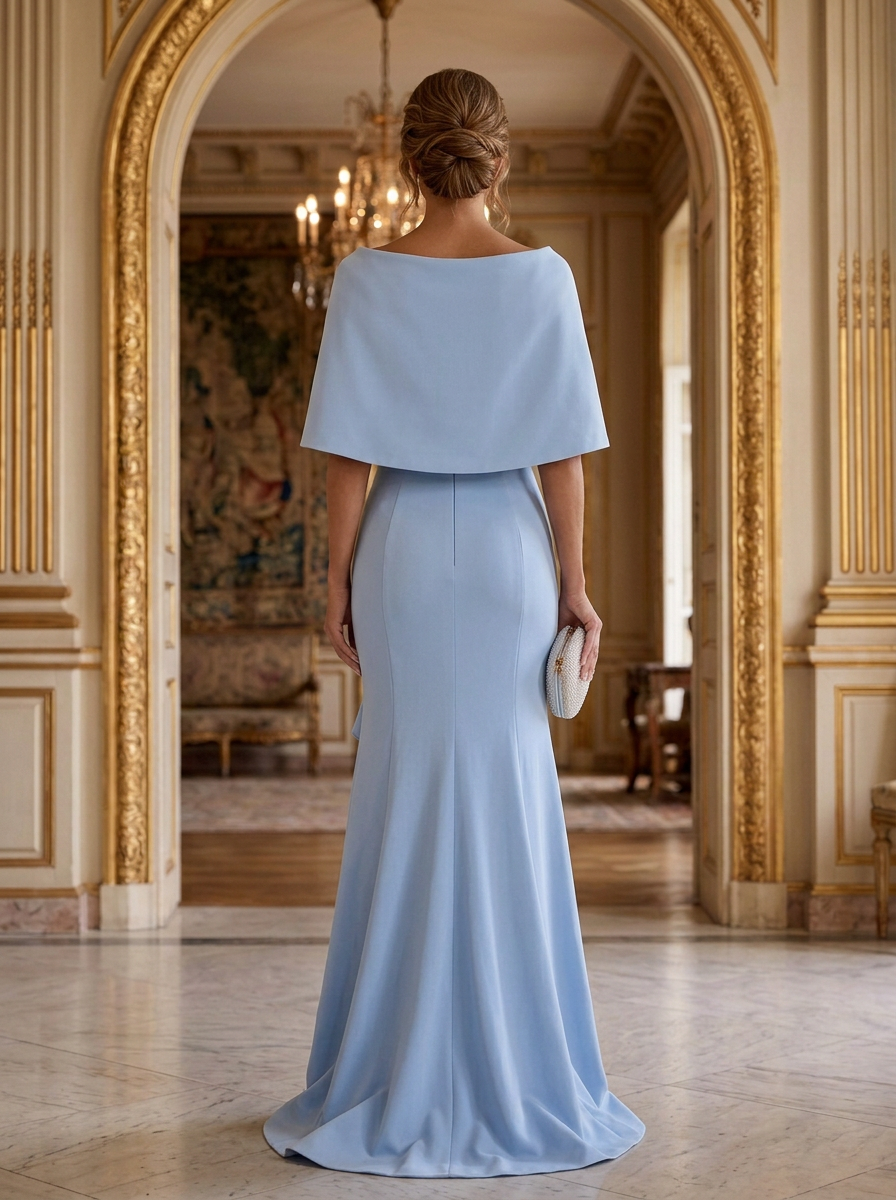 Light Blue Off-Shoulder Square-Neck Bow Ruffle Mermaid Maxi Dress