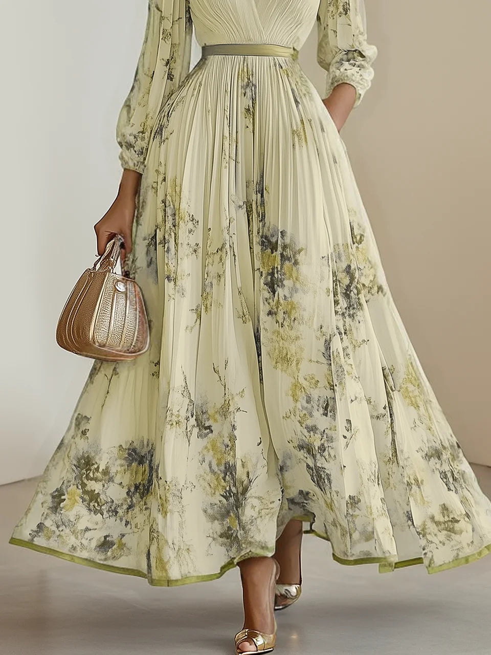White Pleated Chiffon V Neck Floral Long Sleeve Balloon Sleeve A-Line Maxi Dress