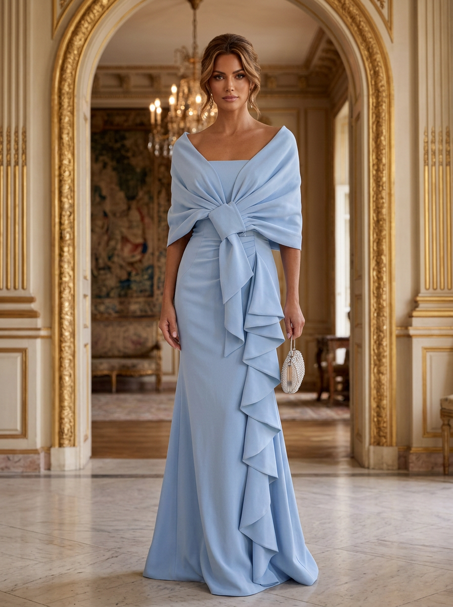 Light Blue Off-Shoulder Square-Neck Bow Ruffle Mermaid Maxi Dress