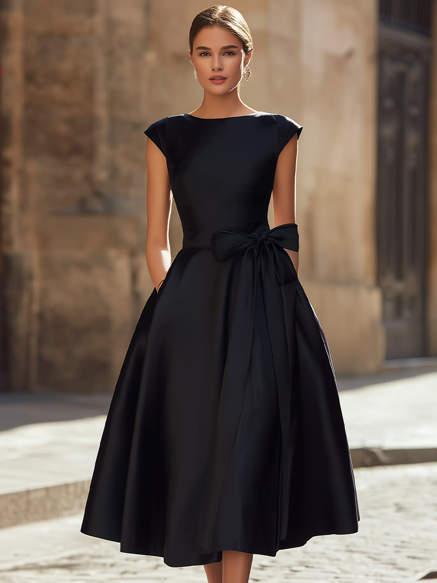 Timeless Elegance Boat-Neck A-Line Midi Dress With Oversized Side Bow