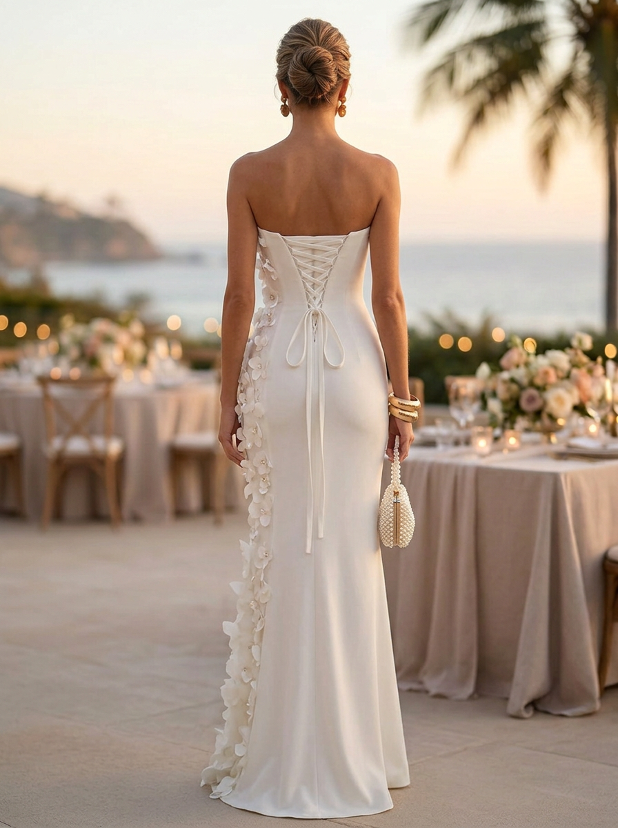 White Strapless 3D Floral Applique Cross-Back Mermaid Maxi Dress