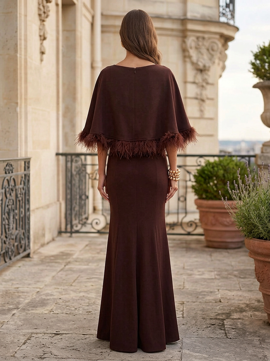 Dark Brown Boat Neck Feather Trim Cape Mermaid Maxi Dress