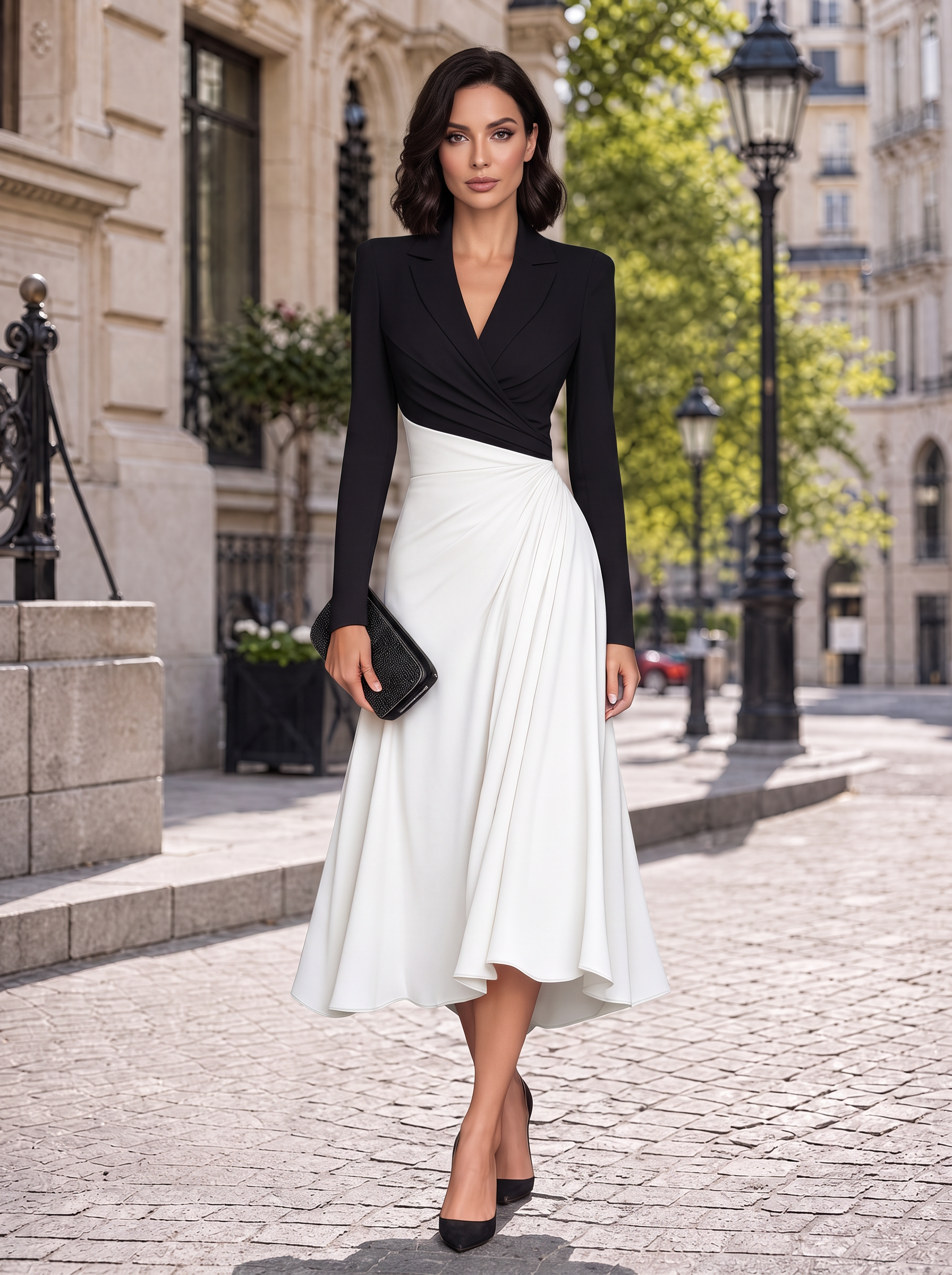 Black & White Color Block Blazer Midi Dress with Asymmetrical Skirt