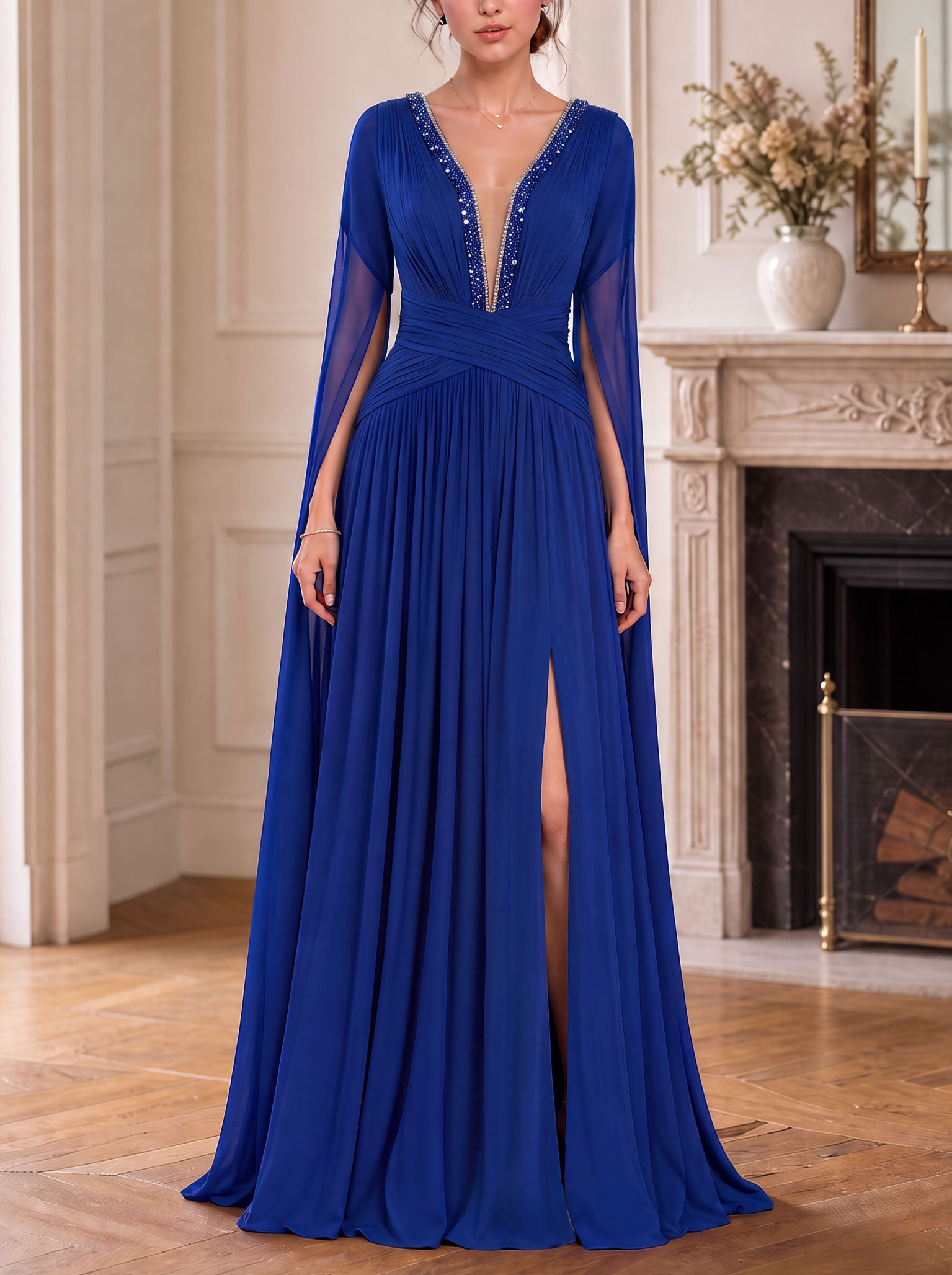 Royal Blue V-Neck Sleeveless Beaded Cape Sleeve A-Line Floor-Length Gown Dress