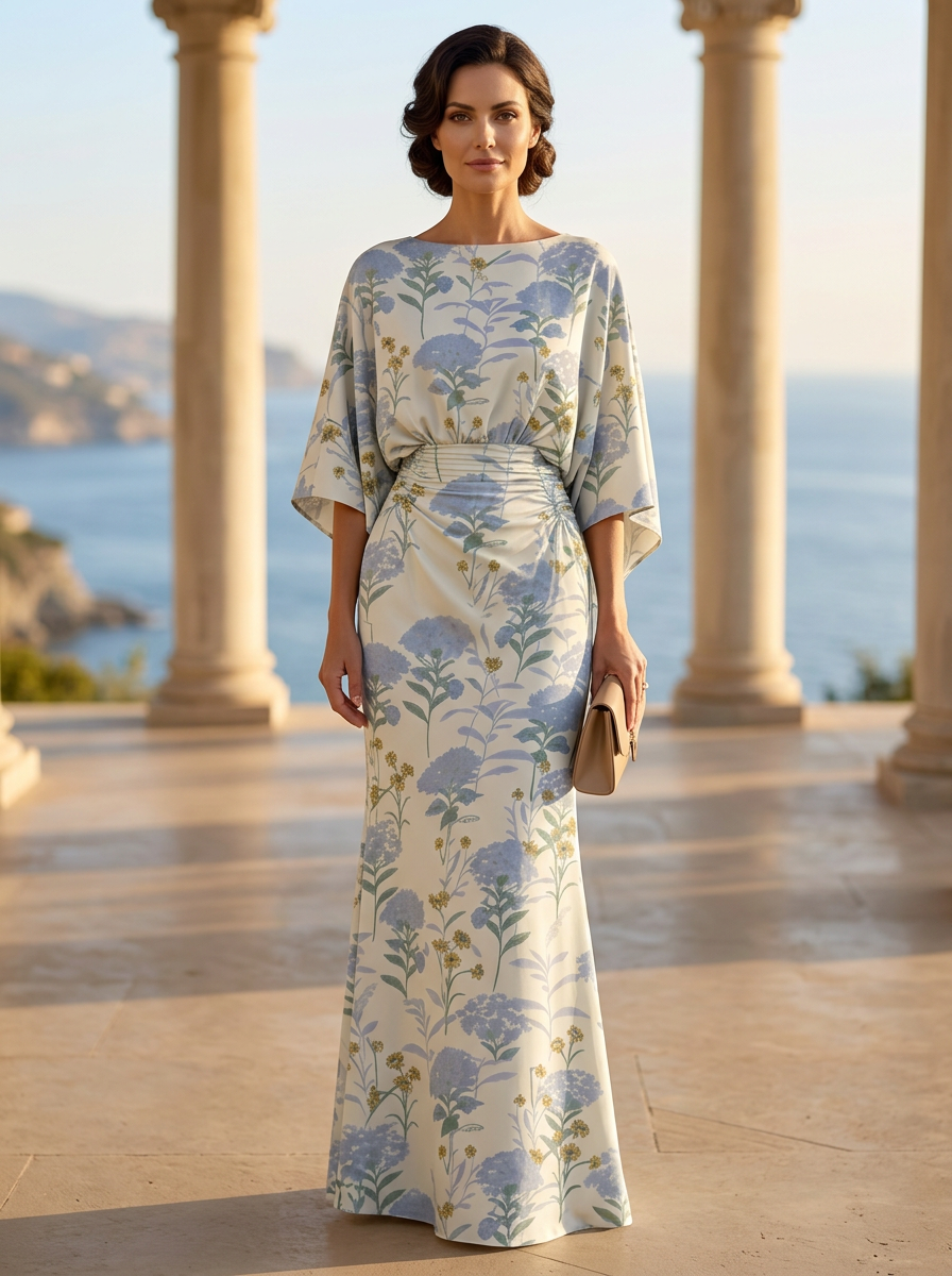 Sheath Chiffon Floral Print Cape Sleeves Mother of the Bride & Groom Dresses for Formal Wedding
