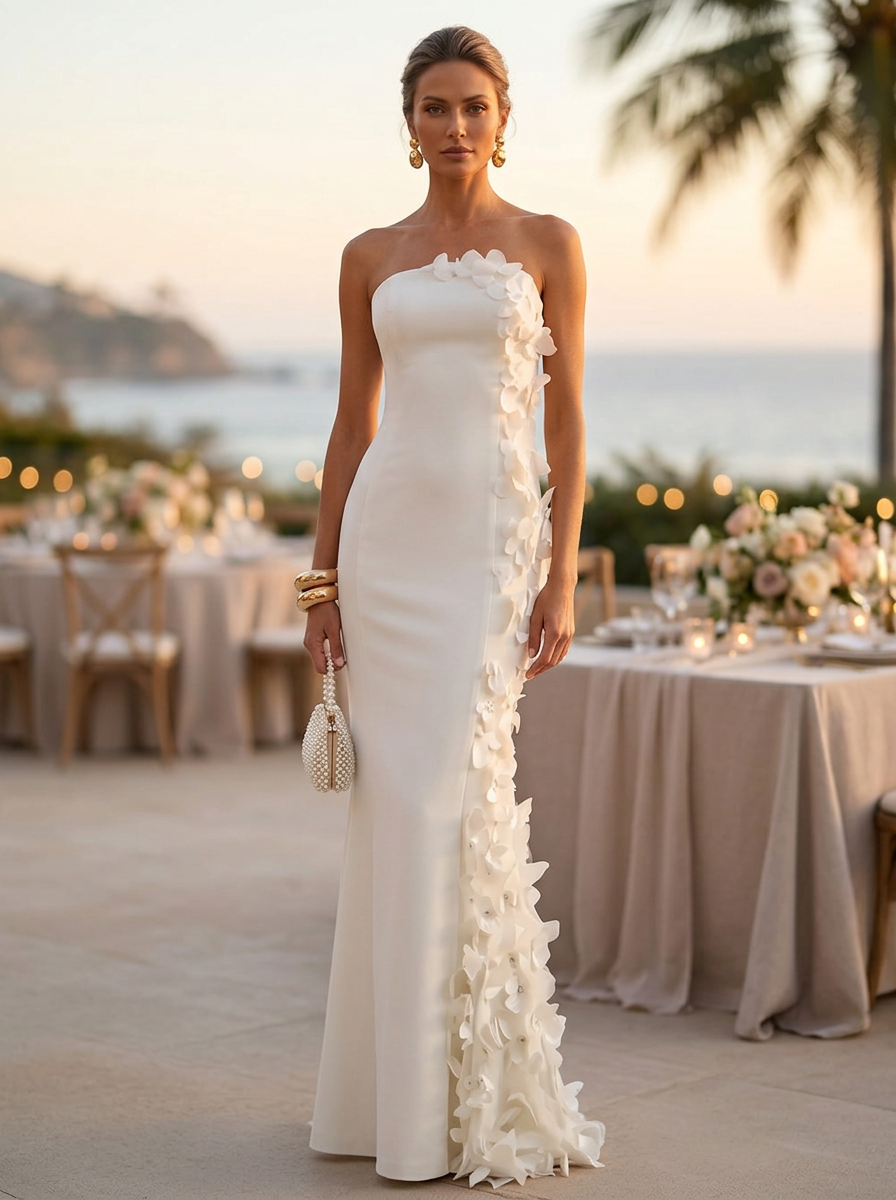 White Strapless 3D Floral Applique Cross-Back Mermaid Maxi Dress
