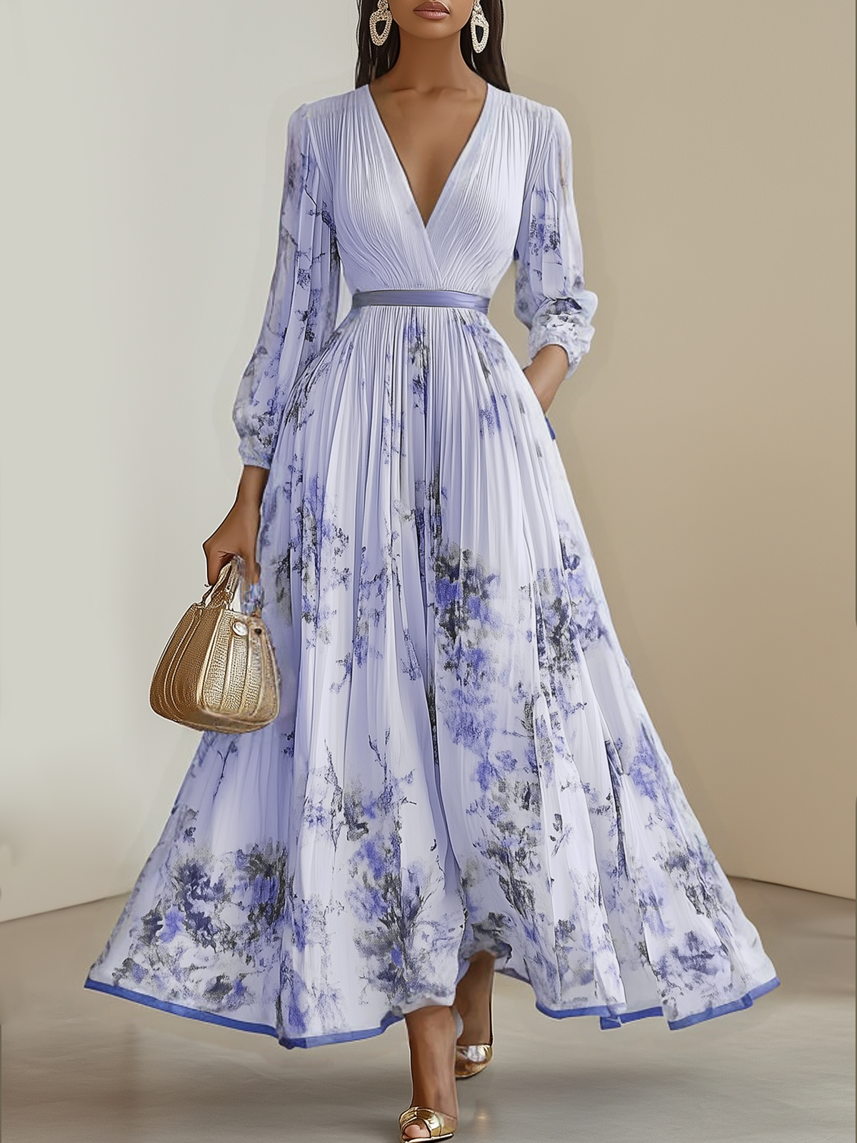 White Pleated Chiffon V Neck Floral Long Sleeve Balloon Sleeve A-Line Maxi Dress