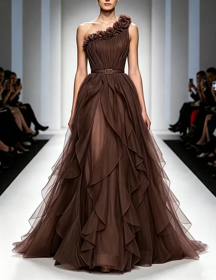 One‑Shoulder 3D Floral Tulle Ruffled Layers Waist Belt A‑Line Maxi Dress
