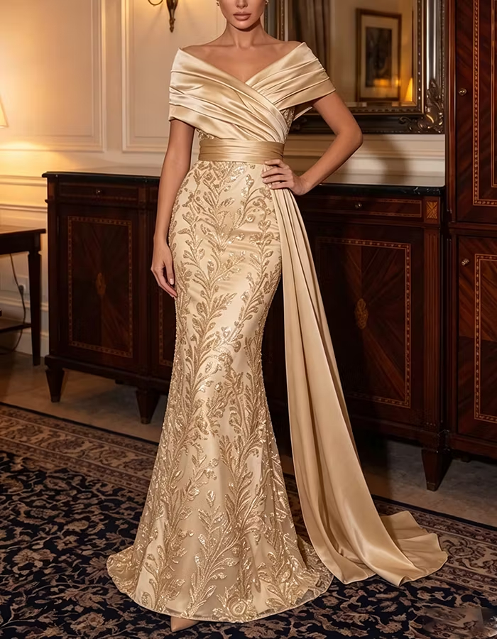 Champagne Off‑Shoulder Satin Sequin Embroidery Maxi Dress