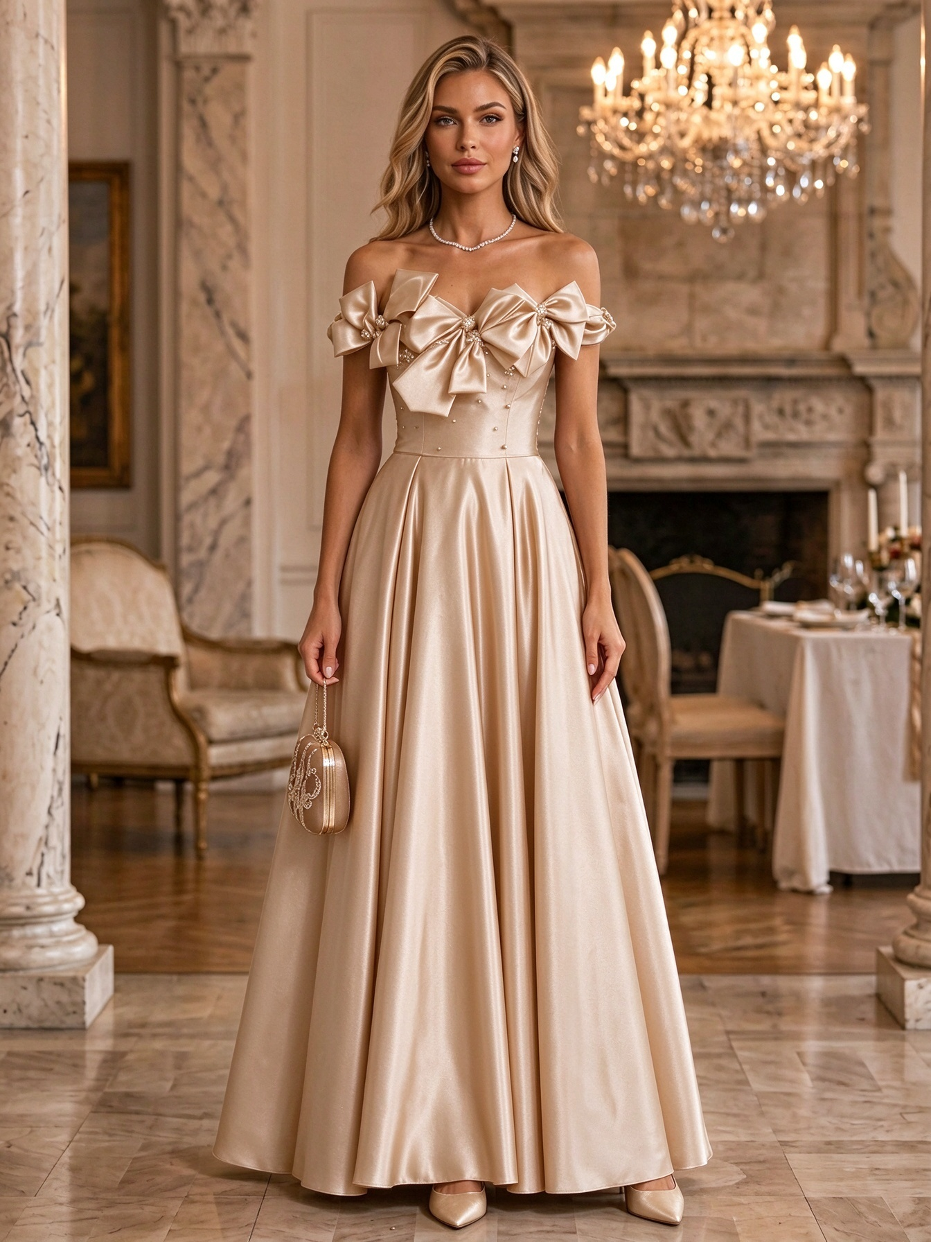 Burgundy Off Shoulder Bow Satin Ball Gown Maxi Dress