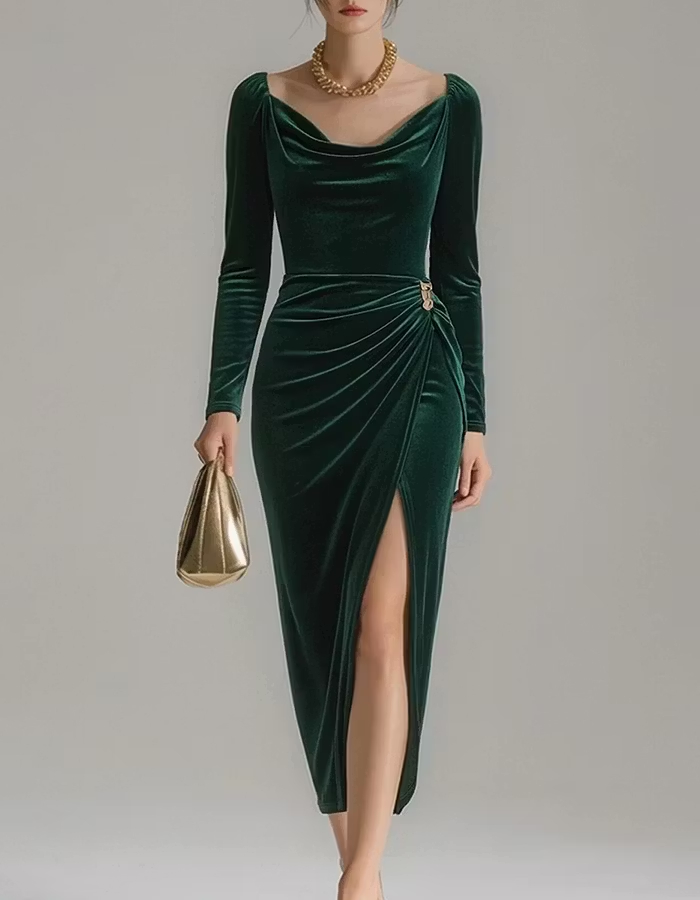 Taupe Cowl Neck Long‑Sleeve Velvet Ruched Midi Dress