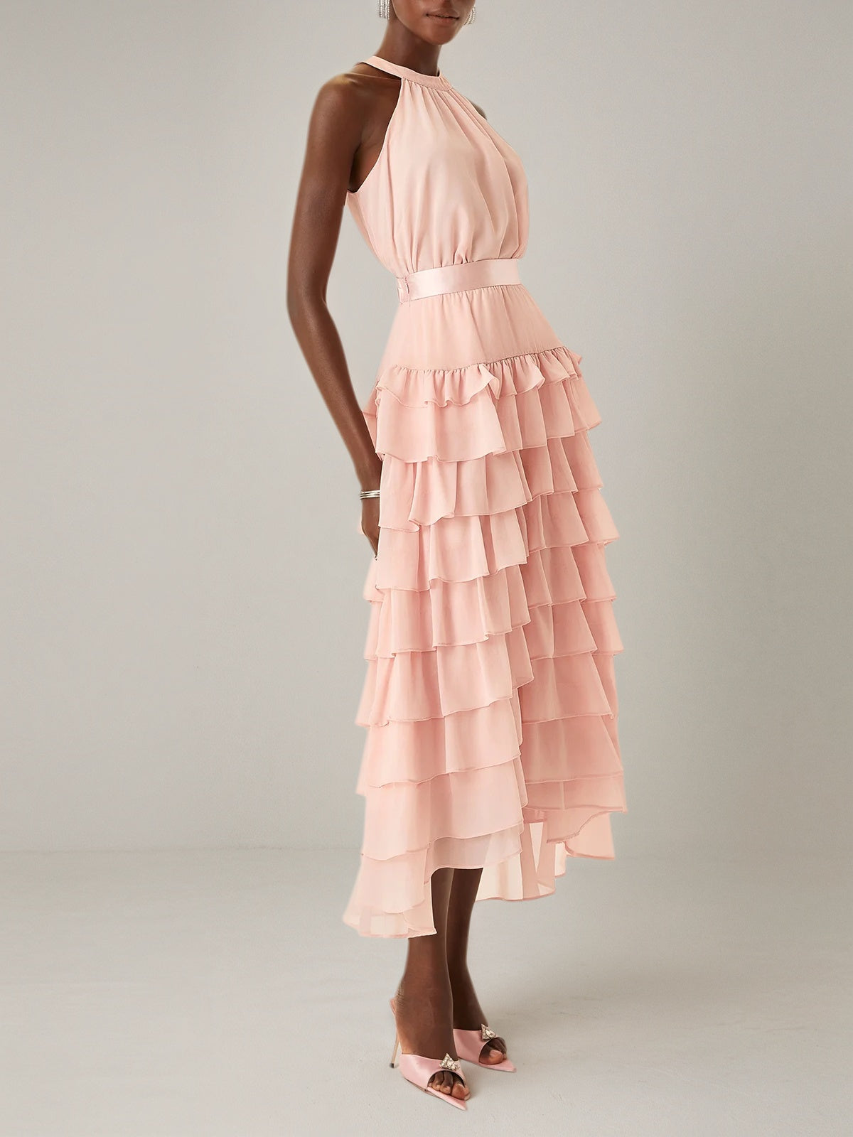 Pink Peplum Tiered Chiffon Halter Sleeveless A-Line Maxi Two-piece Dress