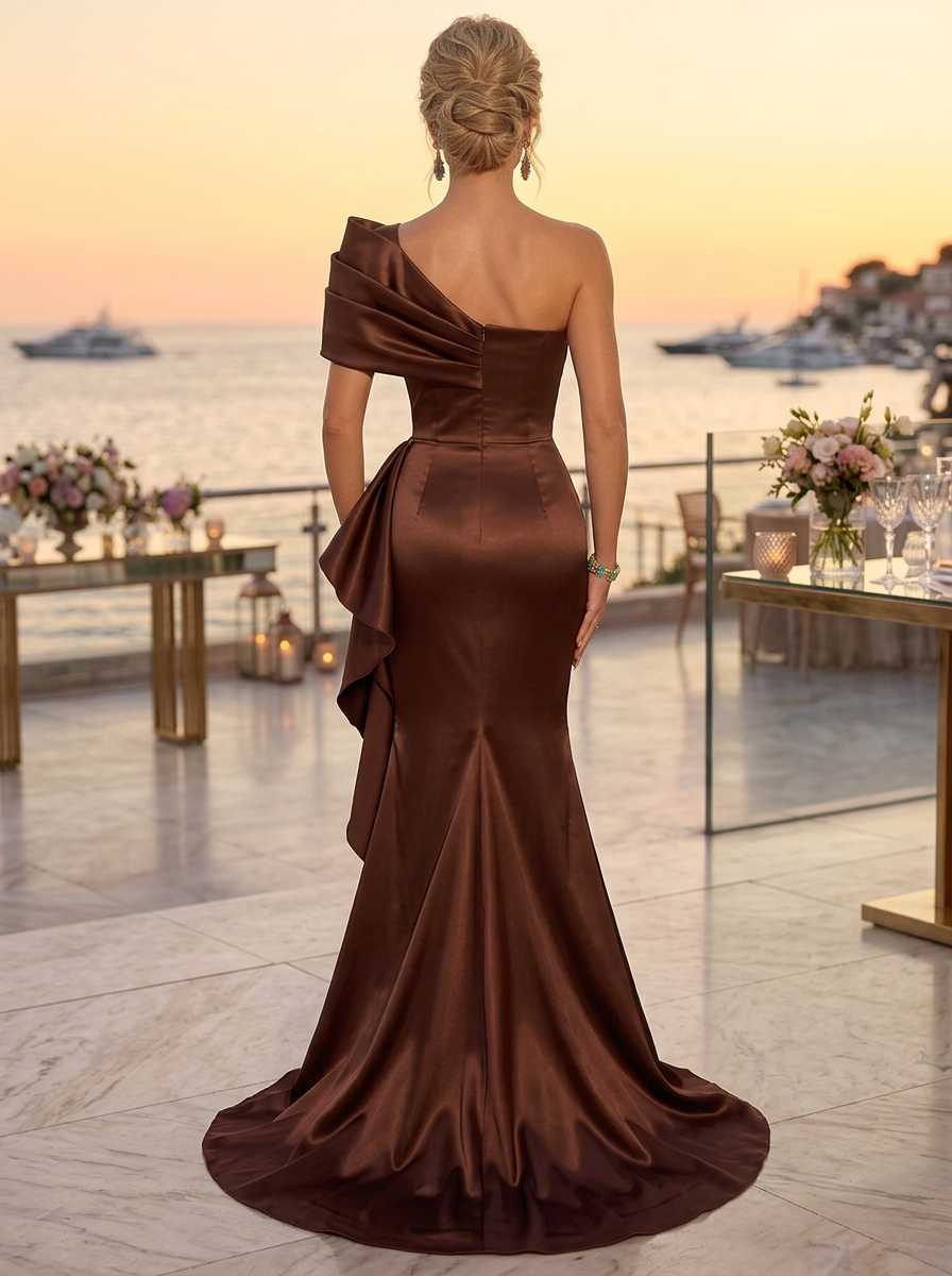 Brown One-Shoulder Satin Ruched Mermaid Maxi Dress
