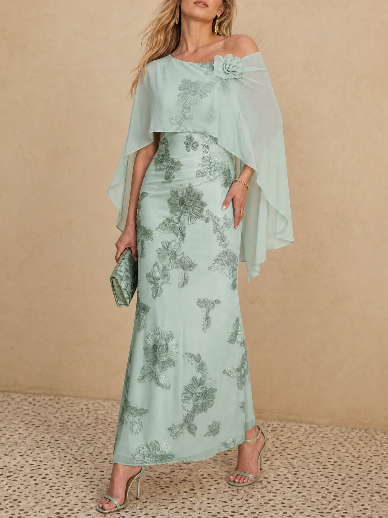 Sage Green Capelet Floral Embroidered Off-The-Shoulder Sheath Maxi Evening Gown Dress