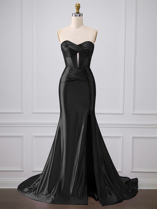 Purple Mermaid Strapless Sweetheart Corset Long Prom Dress with Slit