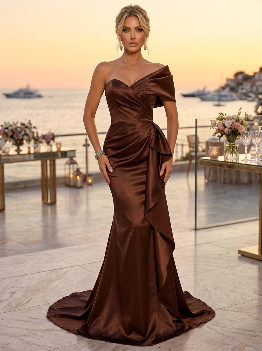 Brown One-Shoulder Satin Ruched Mermaid Maxi Dress