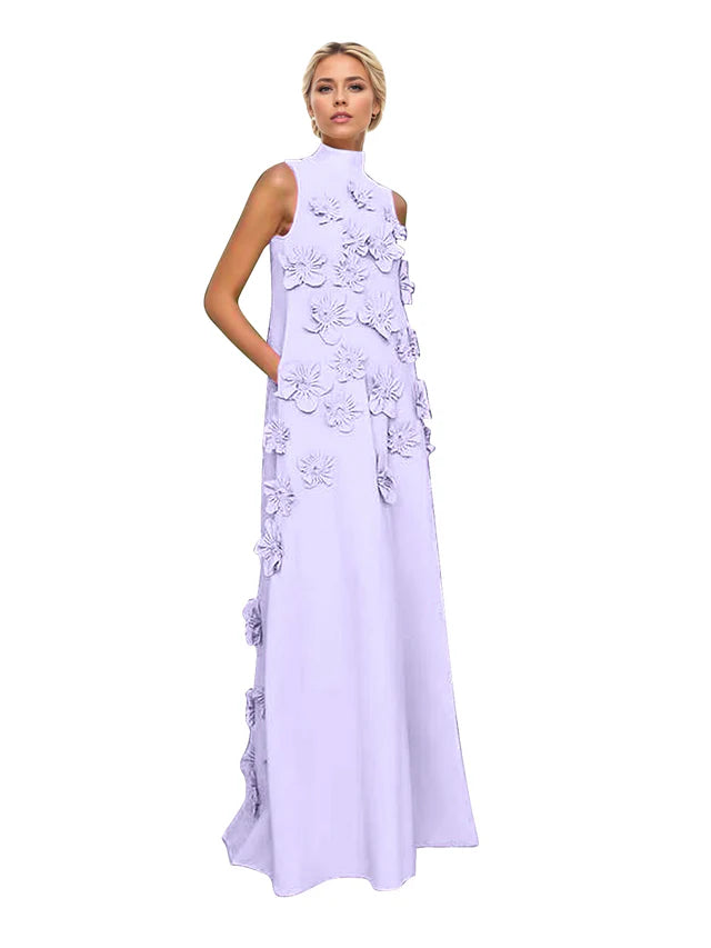A Line High Neck Sleeveless Floor Length Stretch Crepe Dress With 3D Flowers