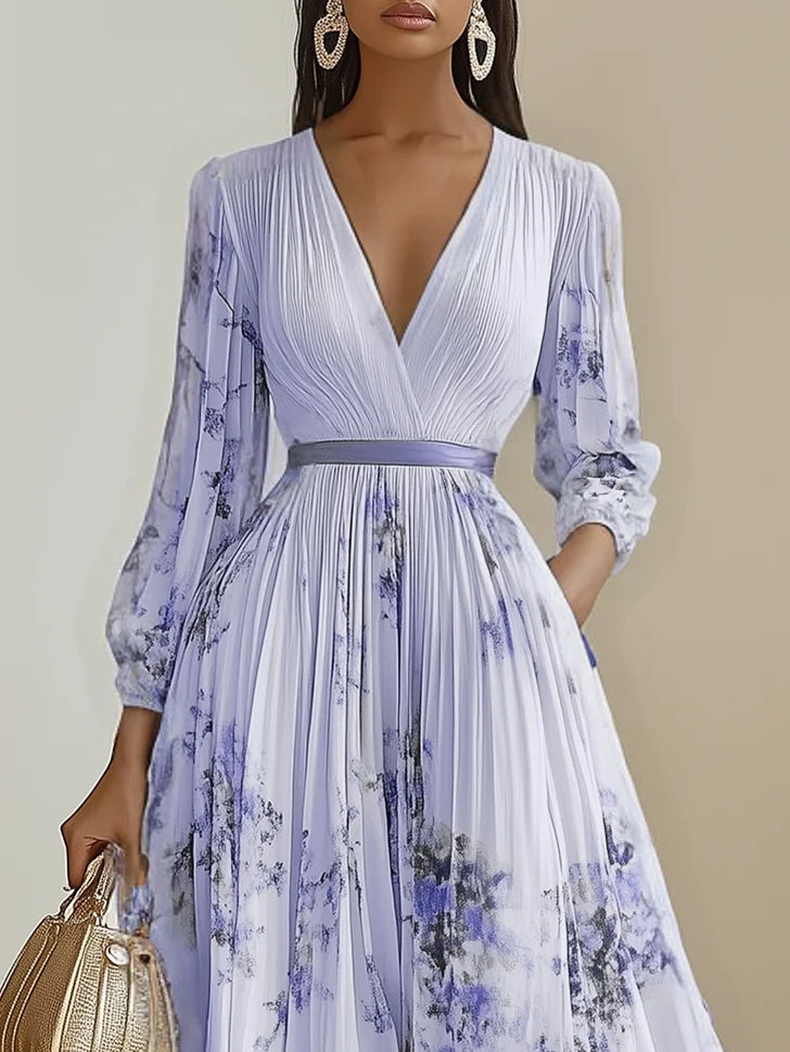 White Pleated Chiffon V Neck Floral Long Sleeve Balloon Sleeve A-Line Maxi Dress