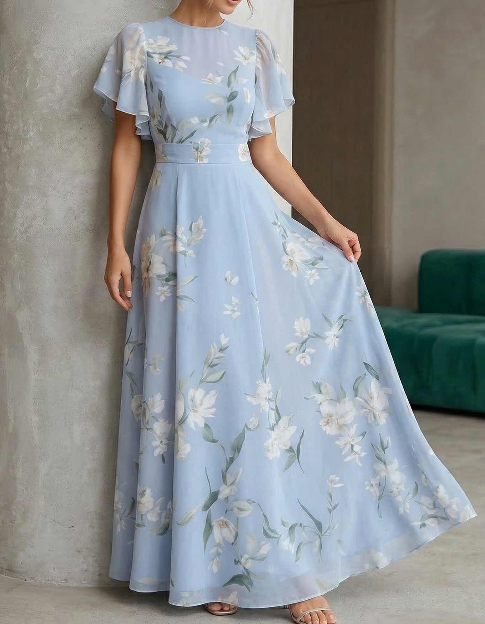 Light Blue Chiffon Round Neck Ruffle Print Maxi Dress
