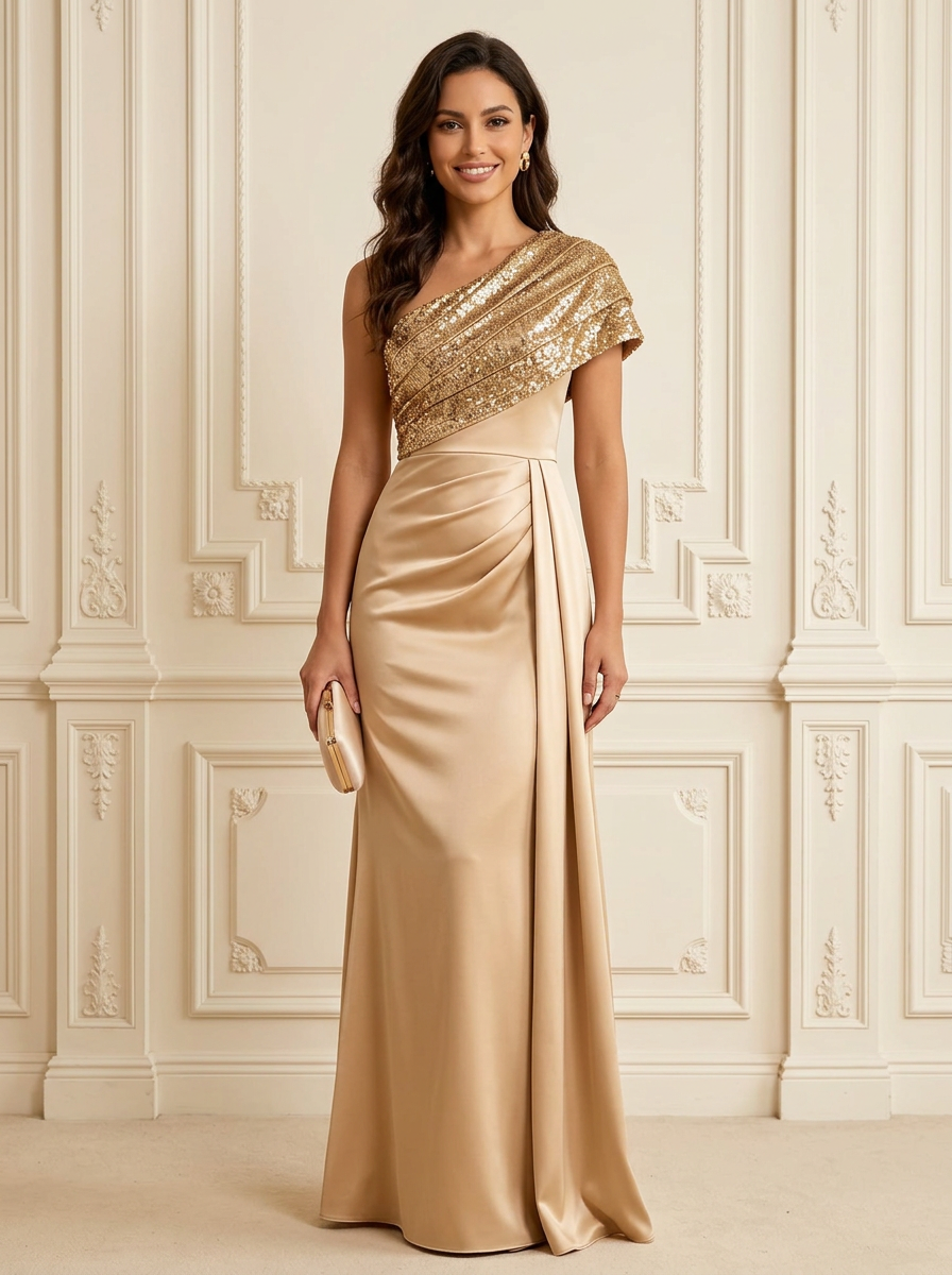 Champagne One Shoulder Sequin Satin Maxi Evening Gown