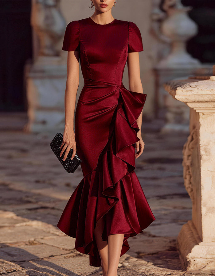 Short Sleeve Ruffled Asymmetric Midi Dress With Sculpted Waist